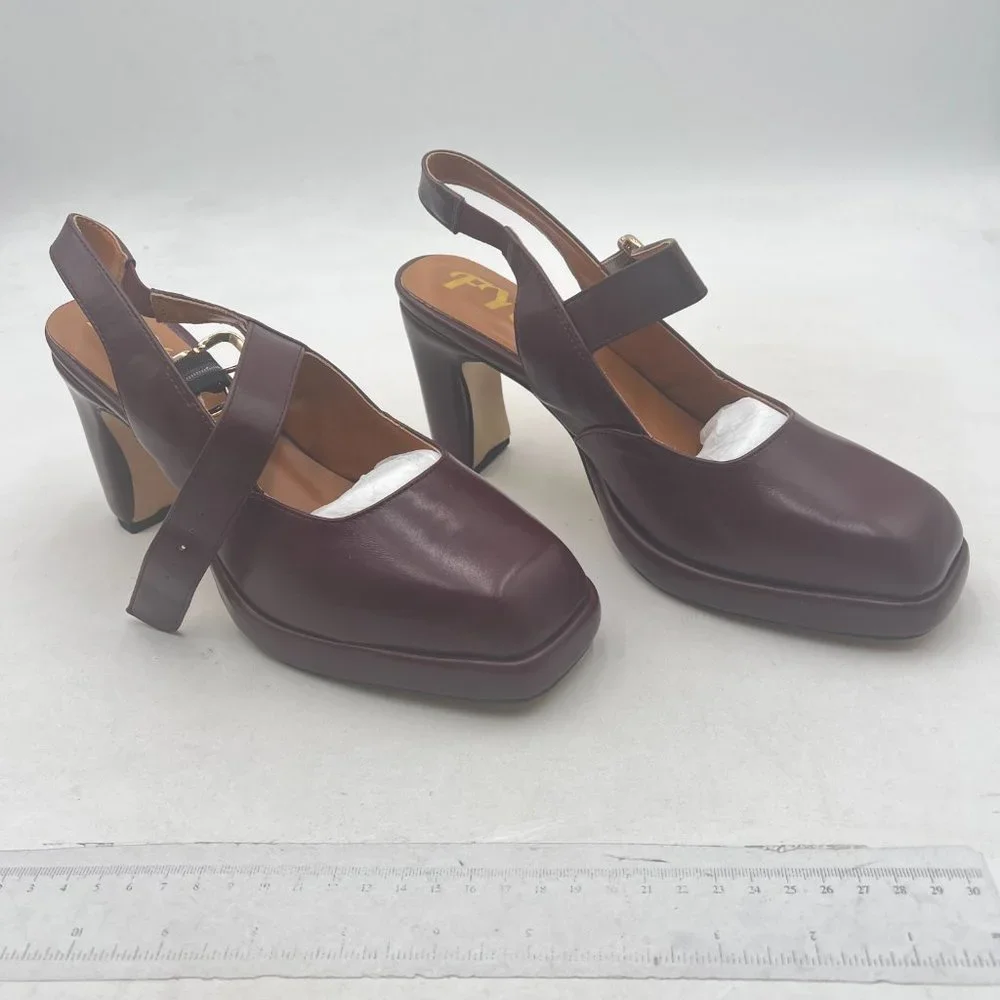 FYS Wine Platform Square Toe Pumps Chunky Block High Heel Mary Janes Slingback - Picture 4 of 8